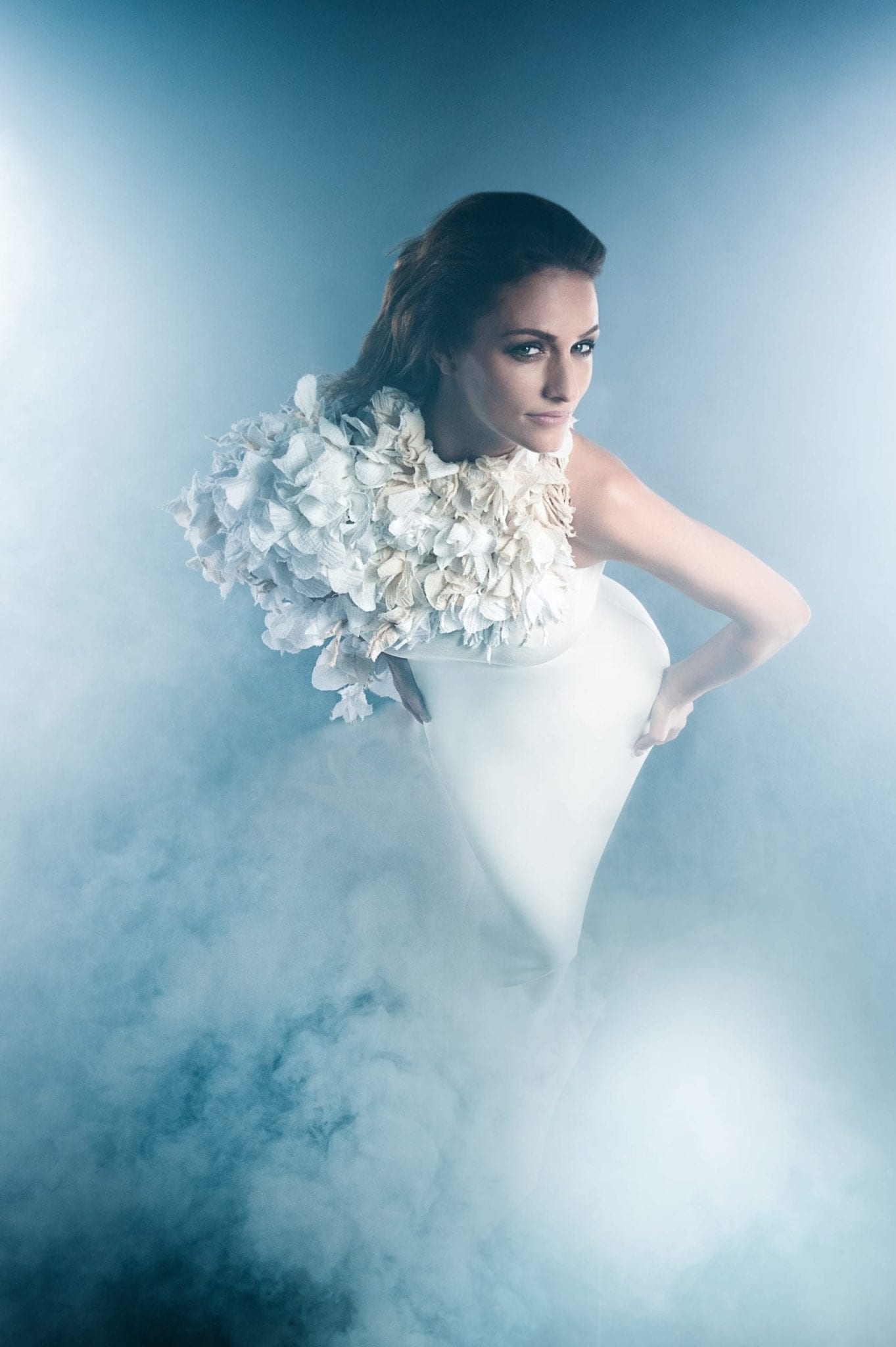 Custom-made wedding gown with handmade flowered bolero