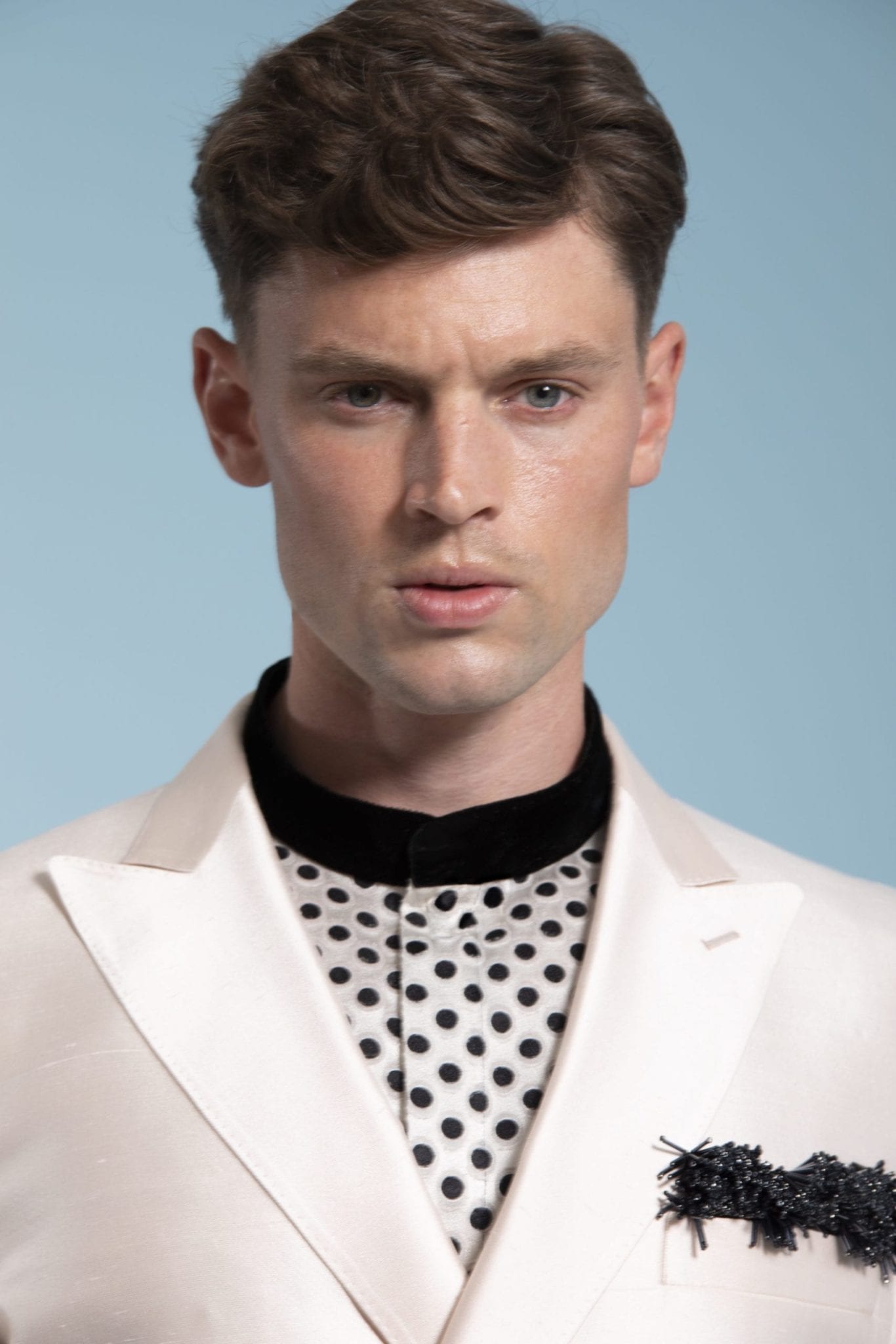Custom made Blush silk tuxedo jacket, custom tailored silk shirt and with hand embroidered pocket square