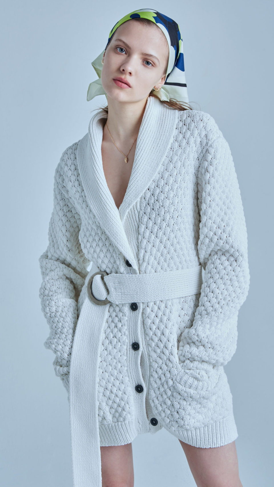 Model wearing MAR, a Canadian made knit cardigan sweater by Canadian fashion designer Maria Karimi